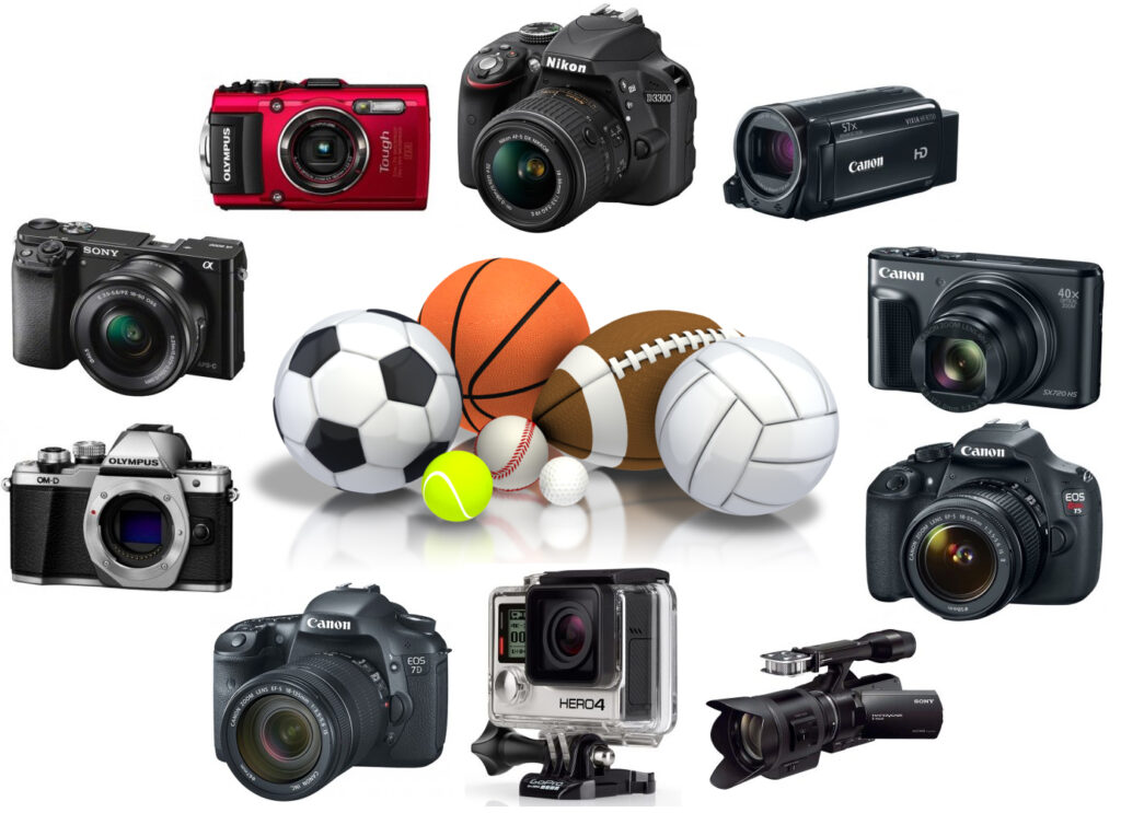 A variety of cameras and sports equipment on a white background. - productcruise.com