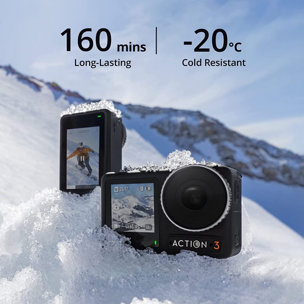 DJI Osmo Action 4K camera sitting on top of snow, DJI Osmo Action 3