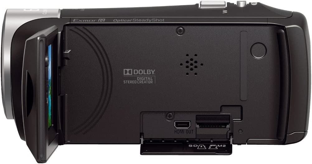 Back of a Sony Handycam HDR-CX405 camcorder, showing SD card slot, HDMI output, and Dolby Digital Stereo Creator