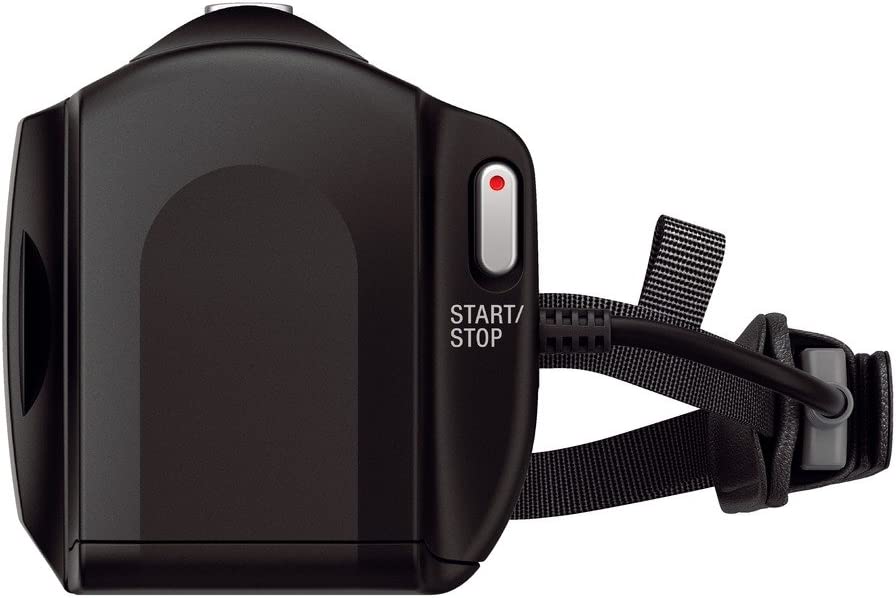 Black digital camera with start/stop button and strap, isolated on a white background.