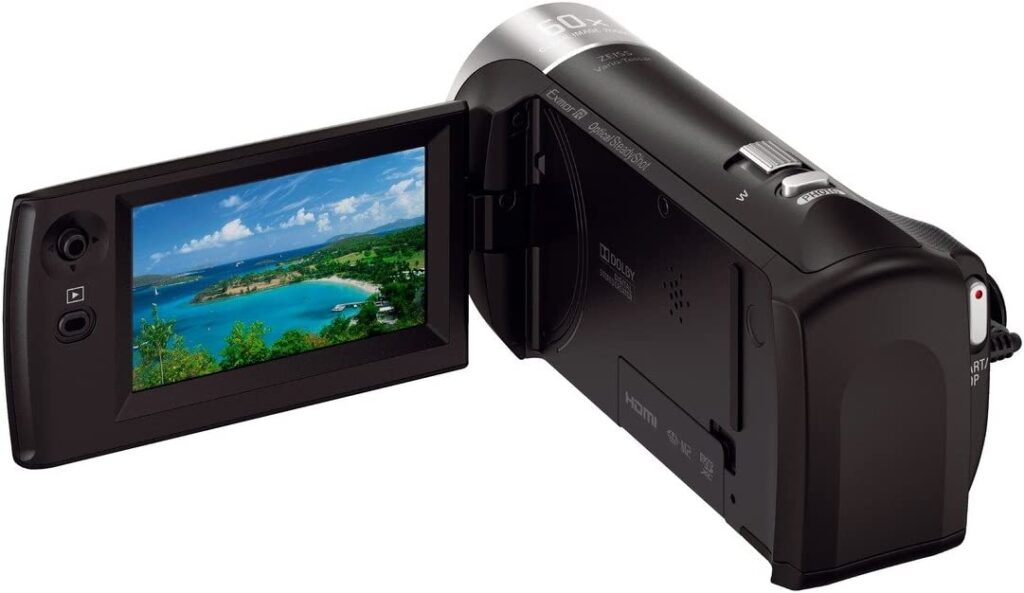 A Sony HDR-CX405 Handycam camcorder with a 1/5.8 type (3.1mm) back-illuminated Exmor R CMOS sensor.