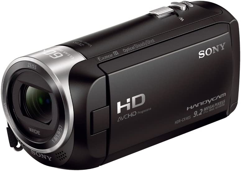 Sony Handycam HDR-CX405 camcorder with Zeiss lens, buttons, and display.