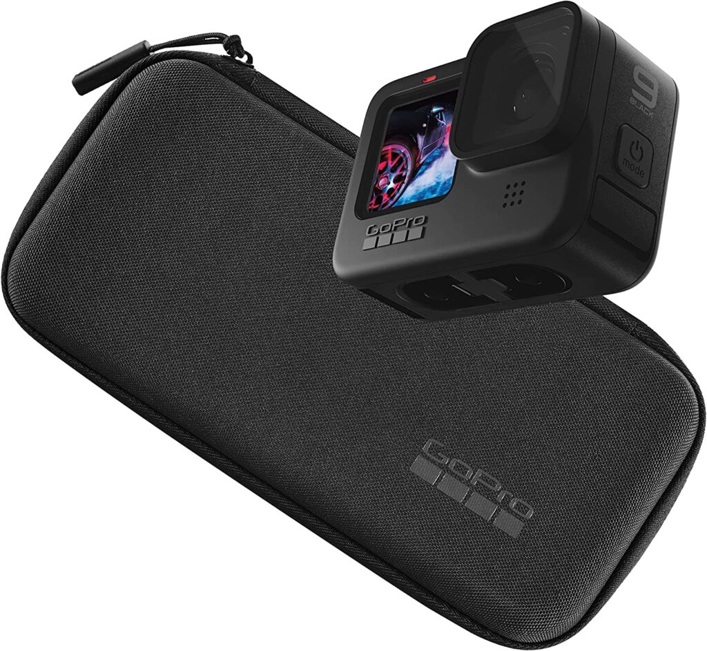 GoPro Hero 9 Black action camera on a rugged carrying case.