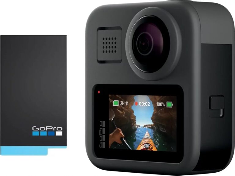 GoPro MAX action camera with touch screen and battery, ready to capture 360° footage.