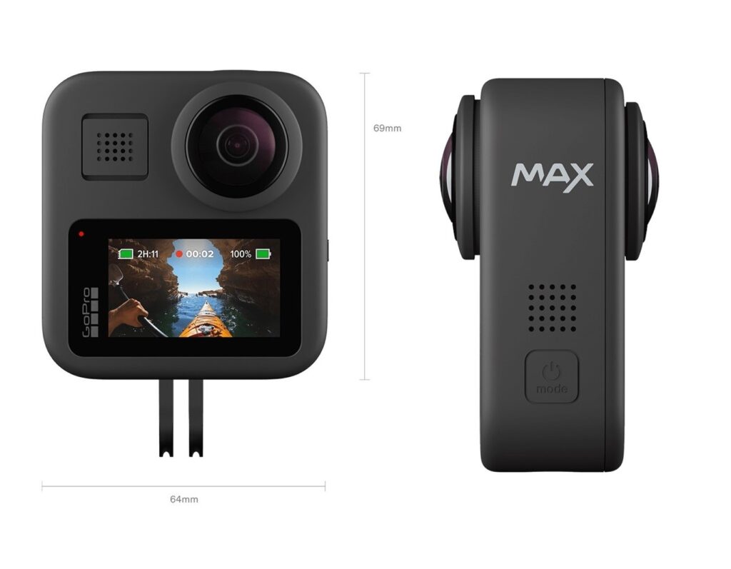 GoPro MAX 360° action camera with dual lenses and touch screen, ready for action.
