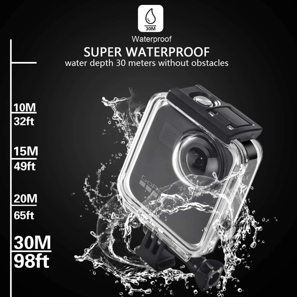 Waterproof case for GoPro Max action camera with text "Waterproof to 30 meters".