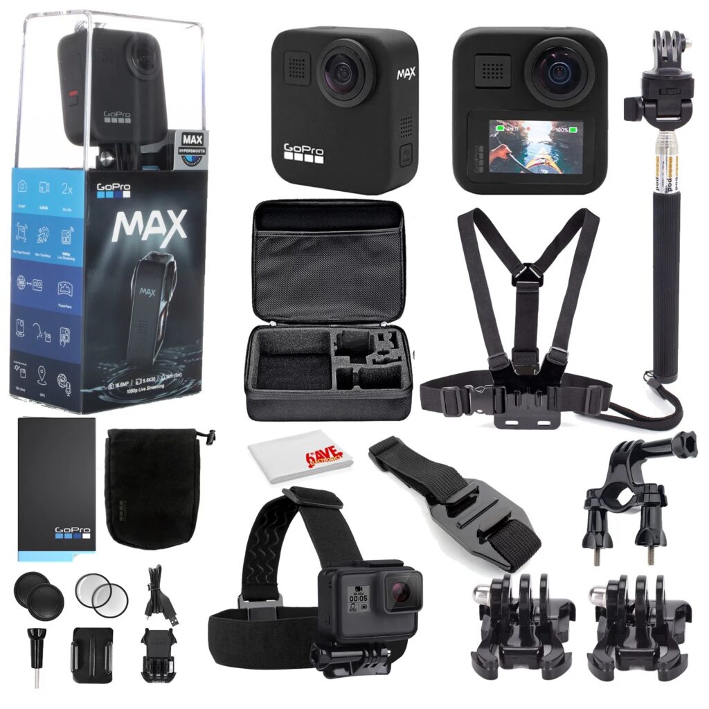 A GoPro Max action camera with a variety of accessories on a white background.