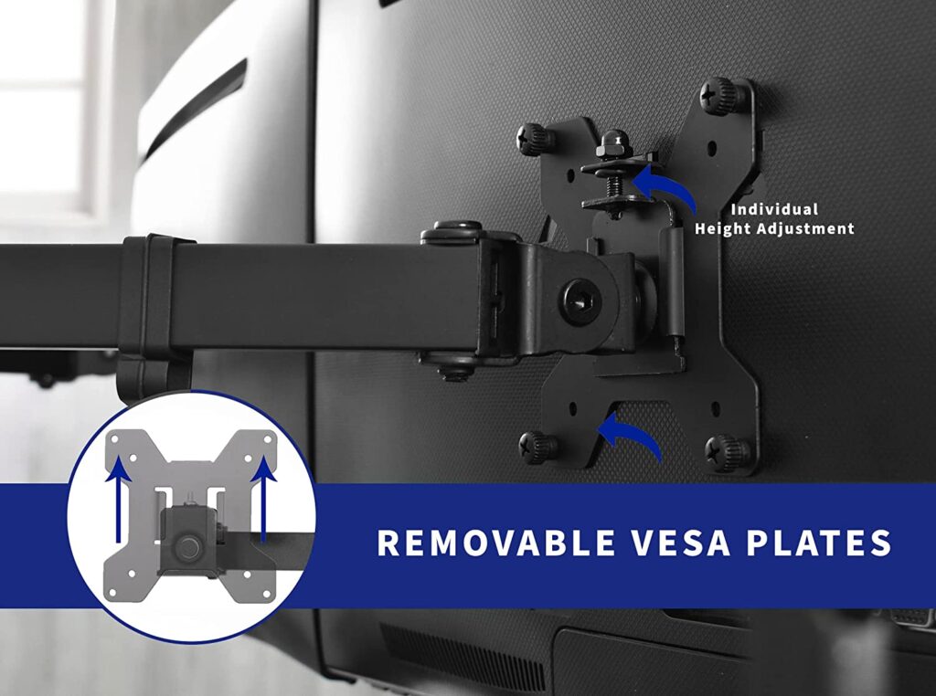 A monitor mount with two removable VESA plates. The mount is black and has the words "Individual Height Adjustment" and "REMOVABLE VESA PLATES" printed on it. - productcruise.com, vivo dual monitor stand