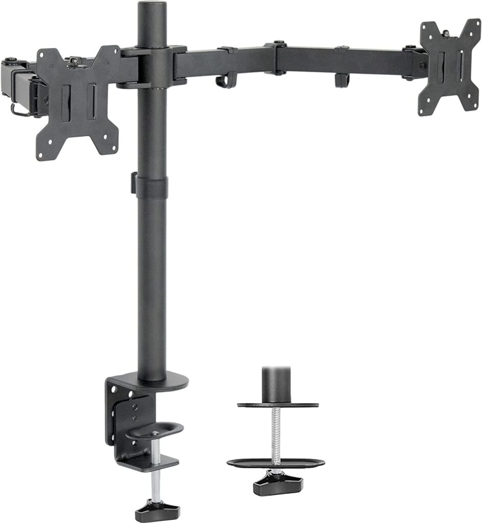 A black monitor stand with two clamps and a tray on a white background. The stand is for two monitors and can hold monitors up to 27 inches in size. - productcruise.com, vivo dual monitor stand