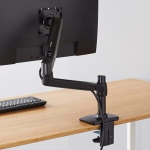 A monitor mount with a black monitor and a keyboard attached. The monitor is labeled with the text "Ergonomic Monitor Arm", Amazon basic single monitor stand, best monitor stand
