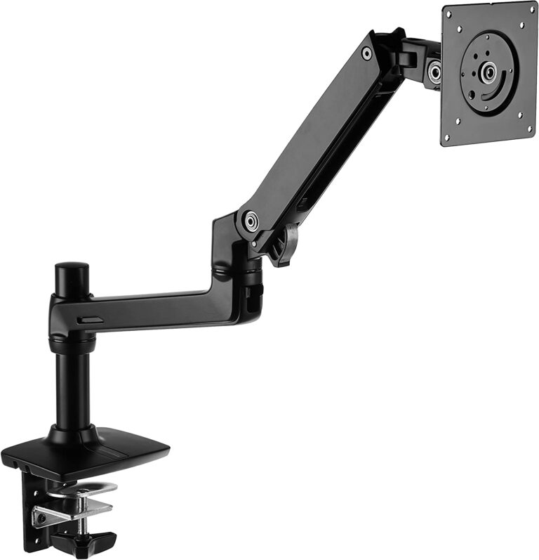 Black monitor mount with a clamp attached to it on a white background. - productcruise.com