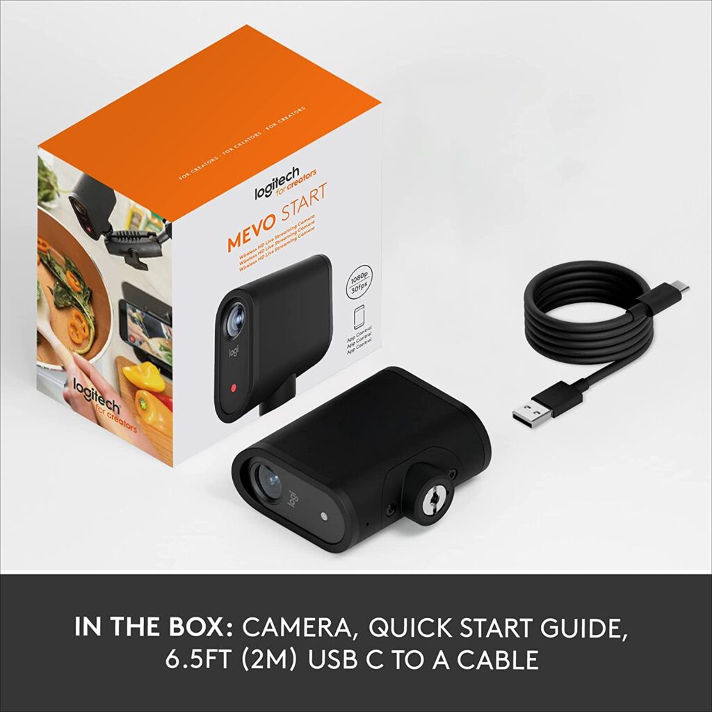 Logitech Mevo Start camera in a white box with other accessories.