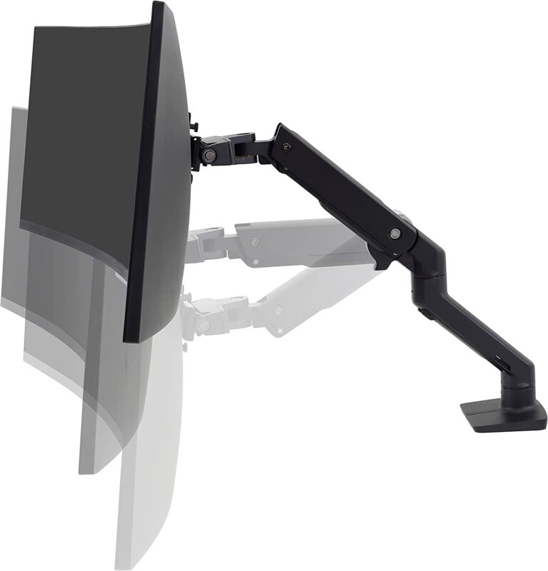 A black monitor arm with a white base. The arm is adjustable to hold a monitor at a variety of heights and angles. - productcruise.com, Ergotron – HX Single Ultrawide Monitor Arm