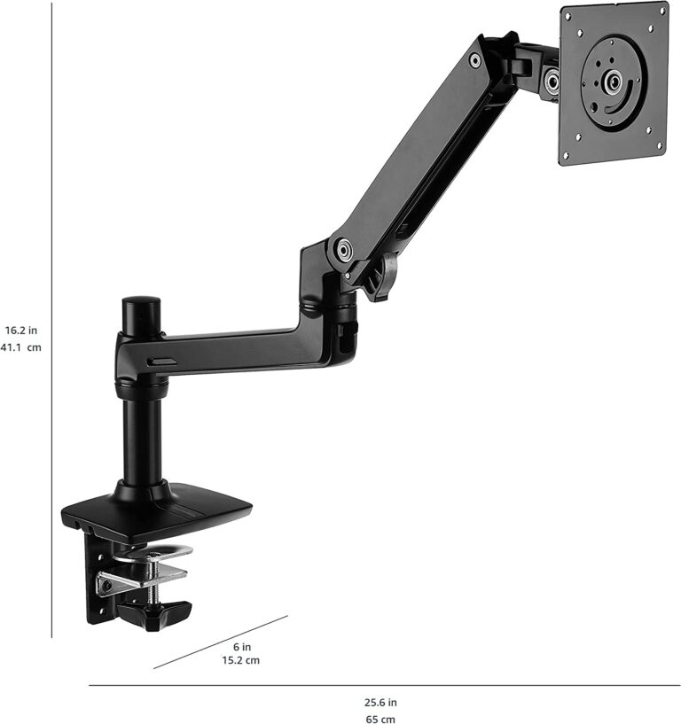 A picture of a computer monitor mount with a clamp and dimensions on a white background. - productcruise.com