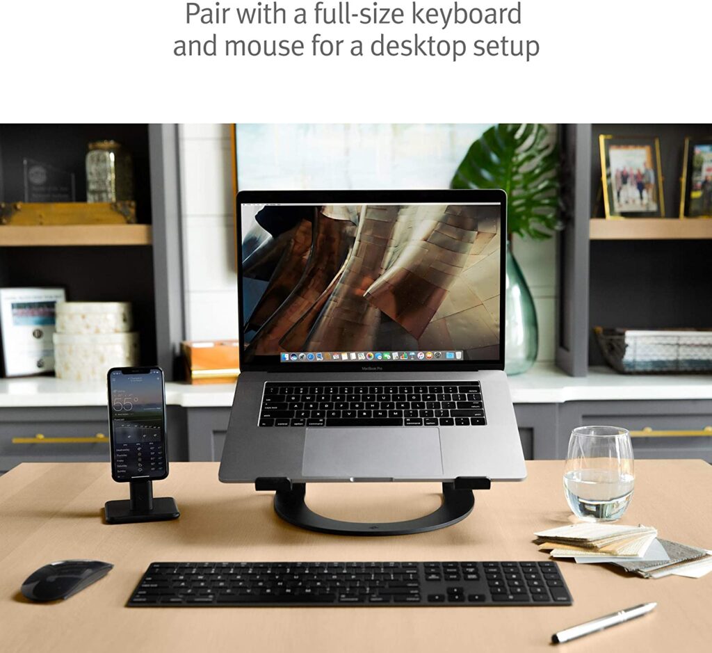 Laptop computer with keyboard and mouse for a desktop setup, Twelve South Curve Stand for MacBook