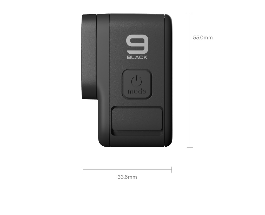 Back view of a GoPro HERO9 Black action camera, showing its sleek design and waterproof body.