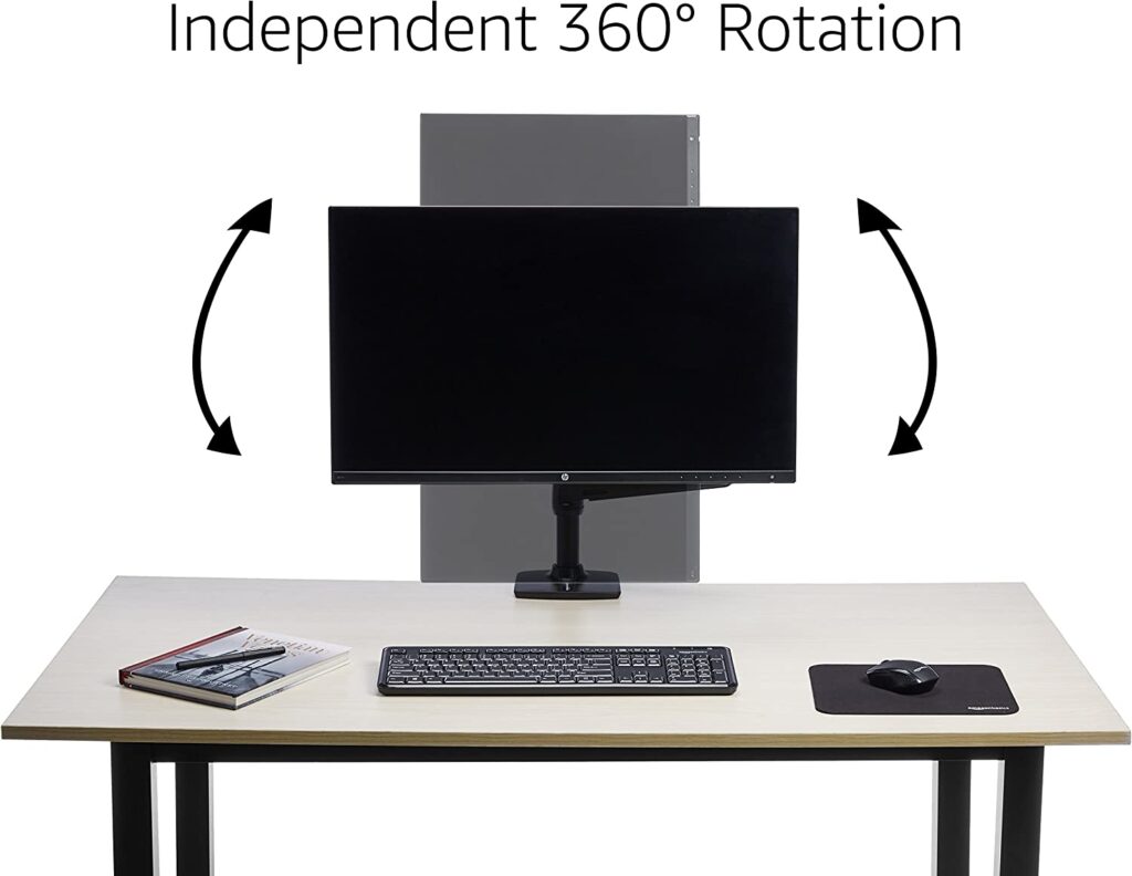A computer monitor sitting on a white desk with the text "Independent 360° Rotation".