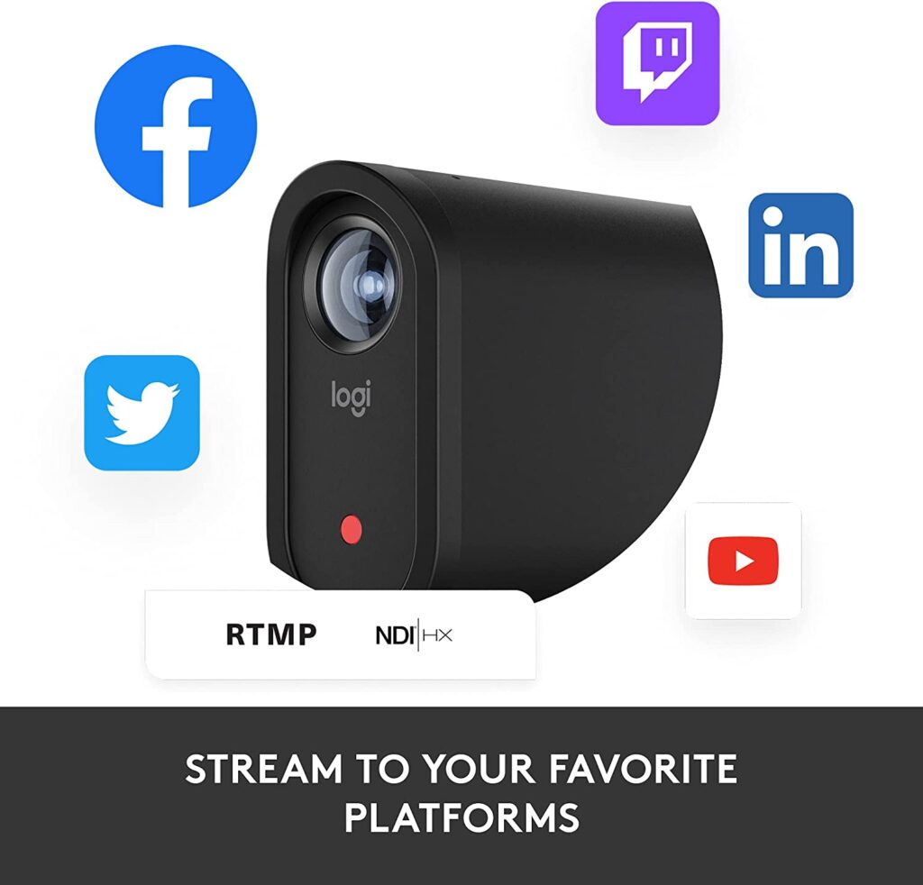 A black camera with the text "Logitech Mevo Start" and "STREAM TO YOUR FAVORITE PLATFORMS".