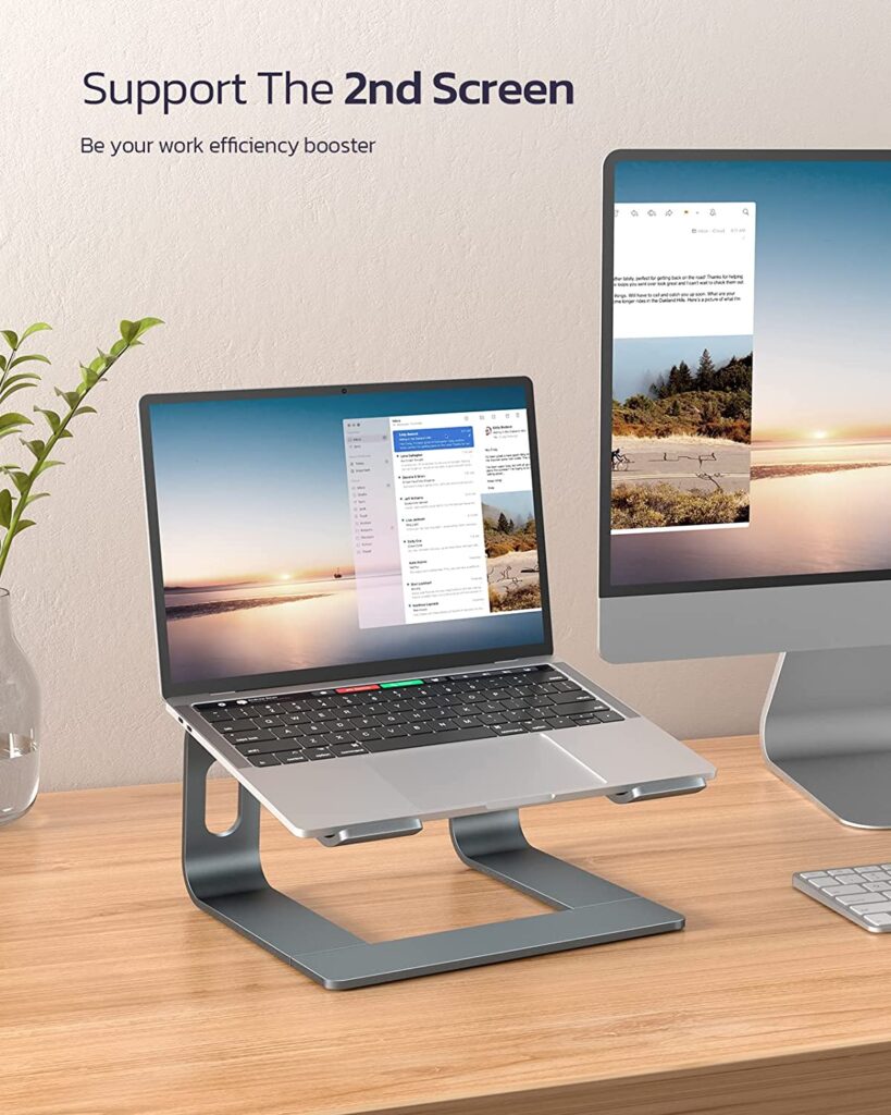 A laptop stand with the text "Support The 2nd Screen. Be your work efficiency booster". - productcruise.com