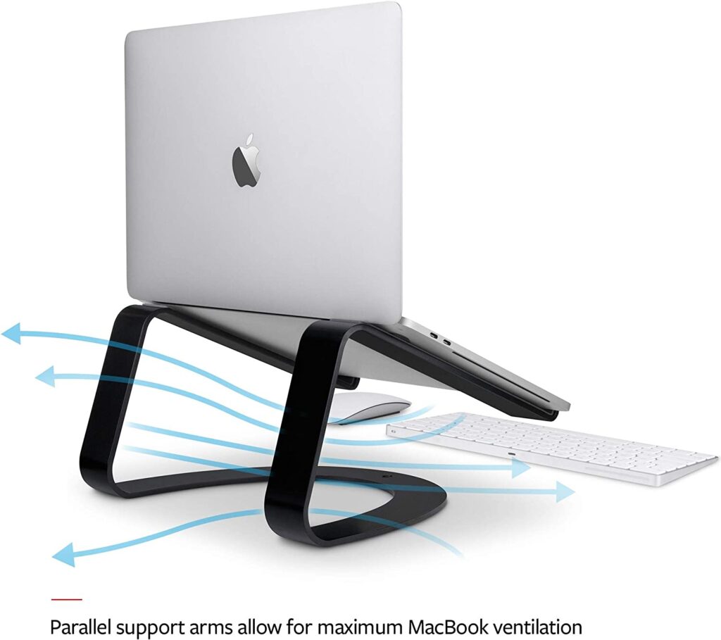 Laptop sitting on a stand with parallel support arms, Twelve South Curve Stand for MacBook