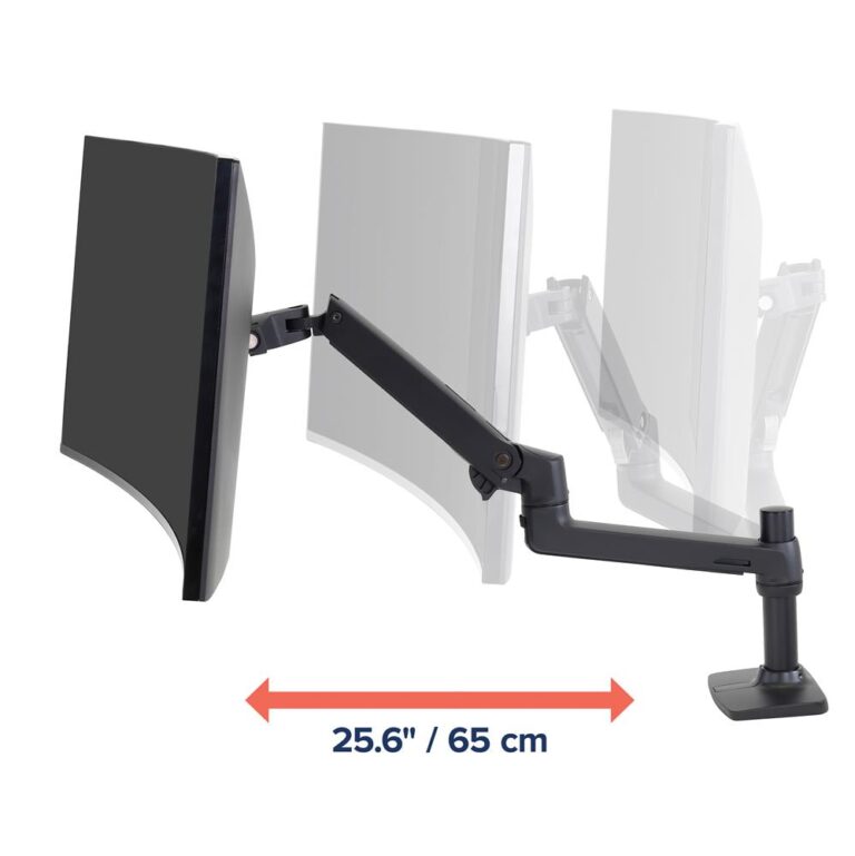 A black monitor mounted on a white Ergotron LX Desk Monitor Arm 45-241-224. The monitor has a 25.6 inch screen and is labeled with the text "25.6"/65 cm", Ergotron – LX Single Monitor Arm