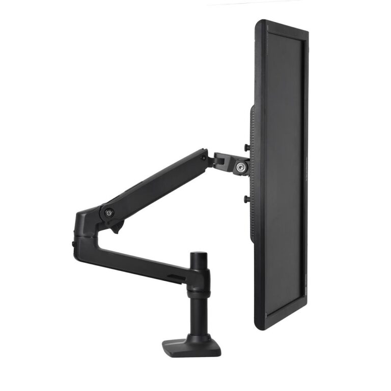 A black monitor sitting on a white Ergotron LX Desk Monitor Arm 45-241-224, Ergotron – LX Single Monitor Arm